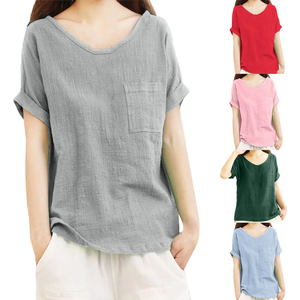 Женский пуловер с круглым вырезом и коротким рукавом хлопковая льняная футболка