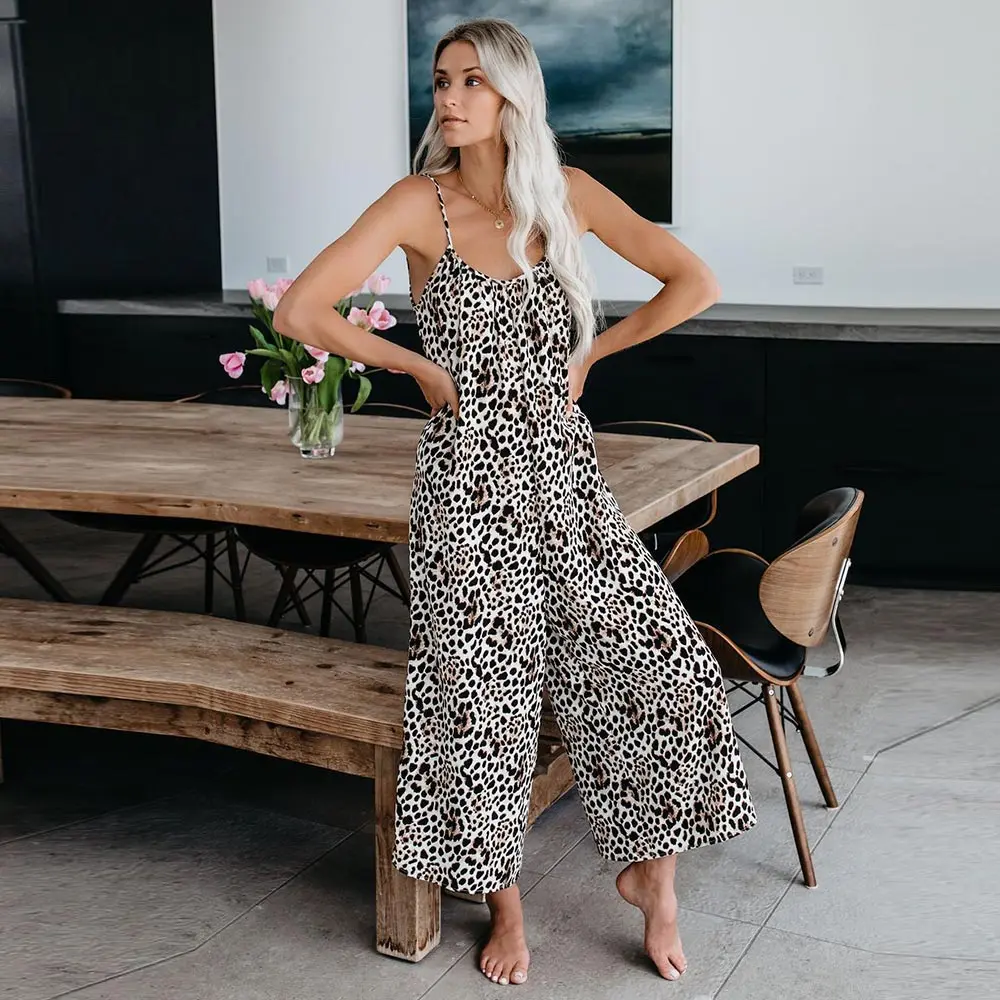 Женский свободный комбинезон без рукавов с леопардовым принтом и высокой талией