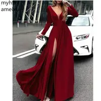 Hot Style Red Evening Dress 2021 Long Sleeve Plus Size V Neck A Line High Quality Chiffon Floor Length Robe De Soire Event Dress