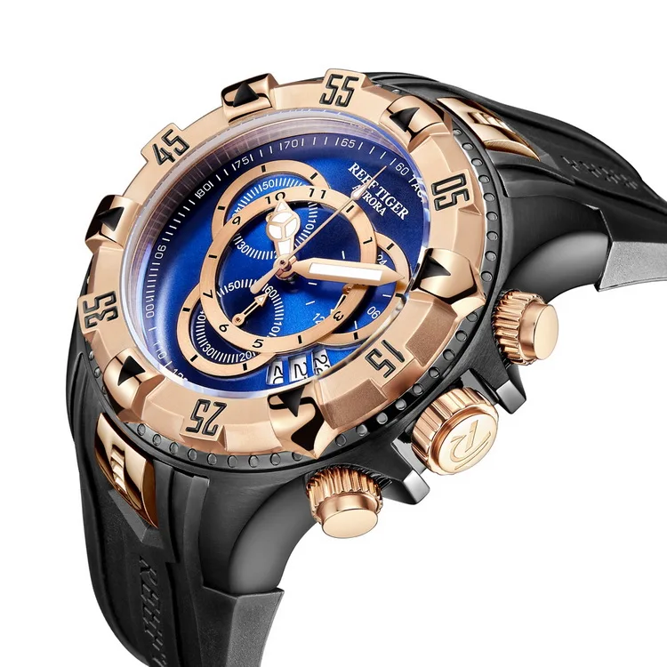 Reef Tiger Aurora Serier RGA303-2 мужские спортивные большие часы водонепроницаемые кварцевые наручные часы с хронографом большой циферблат-розовое золото