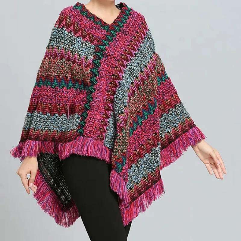 Вязаный зимний женский плащ с кисточками в стиле пэчворк пончо накидка зимнее