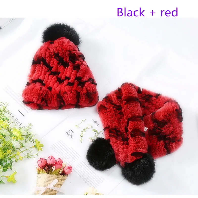 black red Детская новая кроличья меховая шапка Зимний теплый шарф шапка шарф костюм для девочек и мальчиков Толстая теплая шапка шарф горячий - Цвет: black red