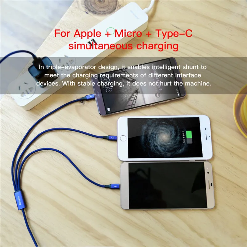 Baseus быстрой зарядки 3 в 1 mi cro Тип c 8PIN USB Зарядное устройство кабель для iPhone X 7 samsung s9