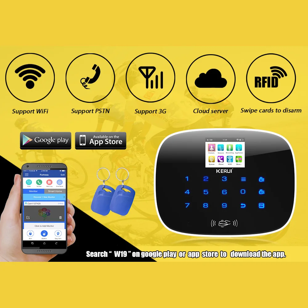 KERUI W193 беспроводной 3g wifi PSTN GSM Умный дом Охранная сигнализация наборы приложение дистанционное управление сенсорный экран сигнализация