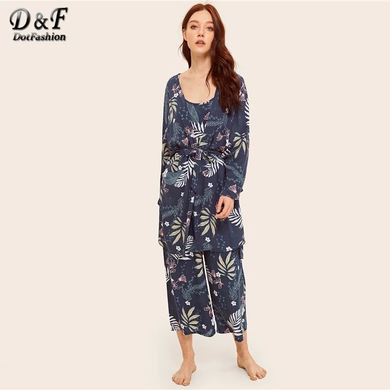 Dotfashion/пижамный комплект на бретельках с цветочным принтом и халатиком; коллекция года; летние пижамы для женщин; Женская Повседневная Весенняя Домашняя одежда с длинным рукавом