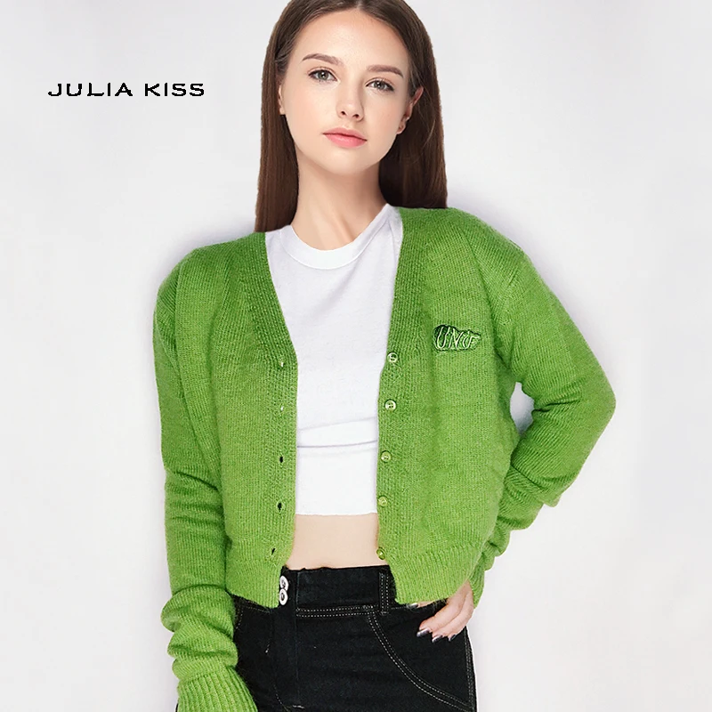 

Women Angora Yarns Embroidered Letter Cardigans