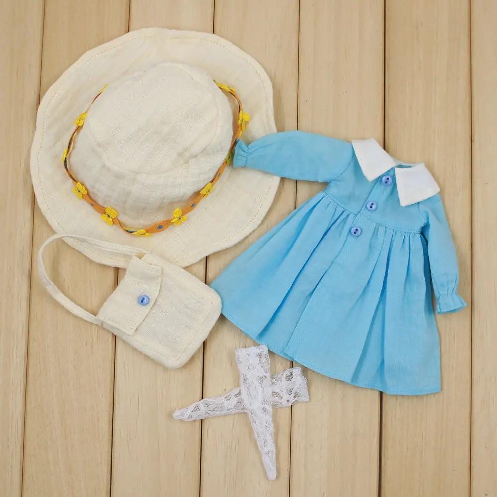 Наряды для ICY Blyth doll синее простое платье с кружевными носками, шляпой и сумкой, одежда для досуга для 1/6 суставов - Цвет: Like the picture