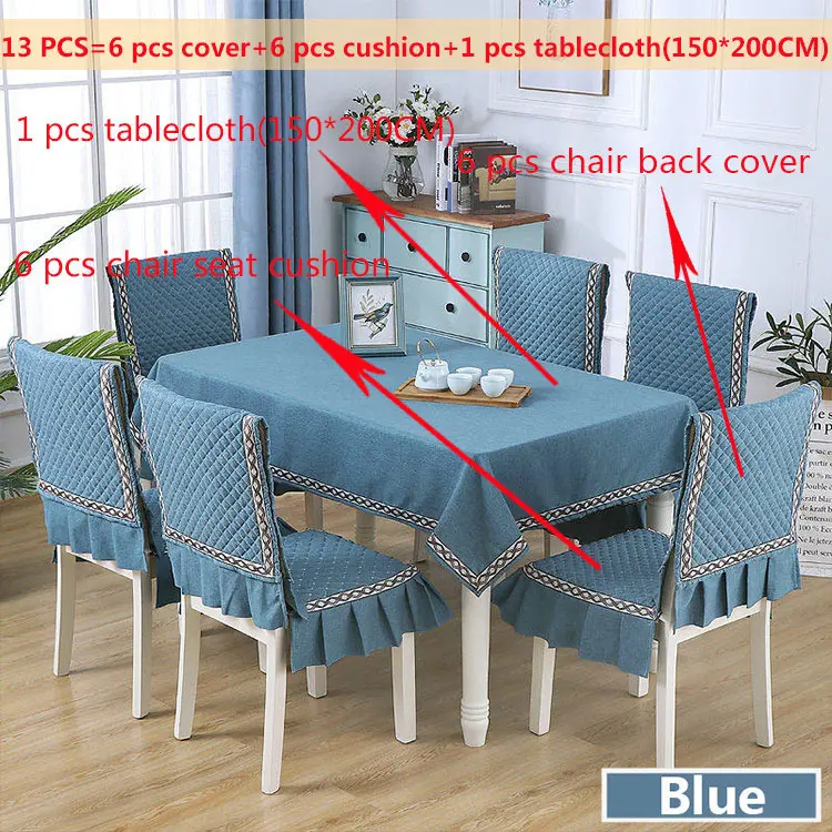 Blue13pcs150x200cm Простой стиль льняная скатерть противоскользящая крышка стула подушка для столовой Пыленепроницаемая скатерть 130*180/150*200 см крышка стола - Color: Blue13pcs150x200cm