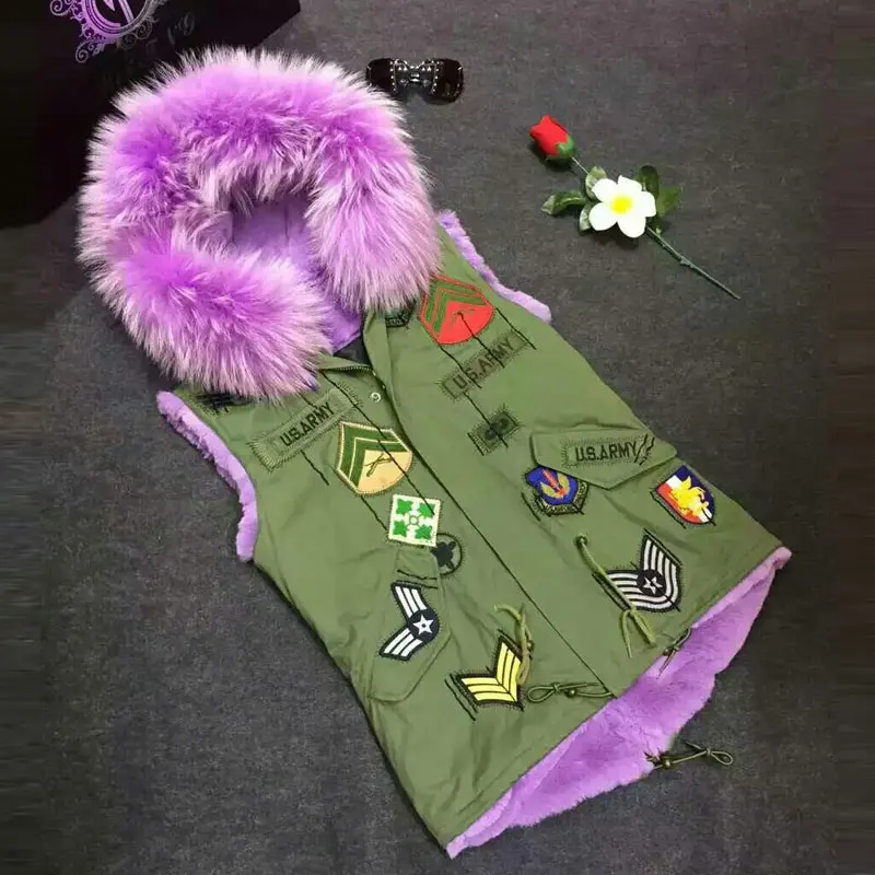 Новые модные женские фиолетовый значок жилет пальто из натурального меха енота