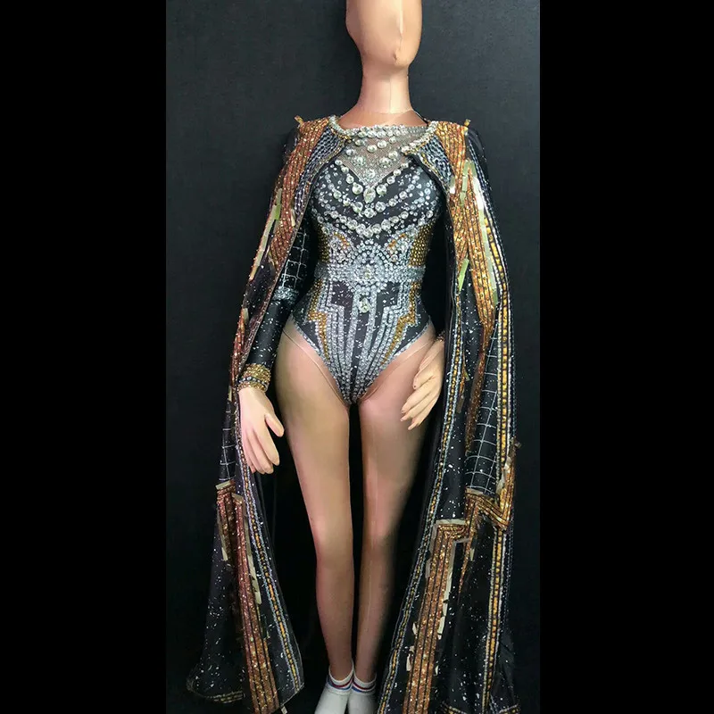 DS Black Crystals Rhinestone Jumpsuit Women Sexy Outfit Party Costumes Stage Wear BodySuit Dance Singer Rhinestone Sexy Cloak - Цвет: jumpsuit and clock