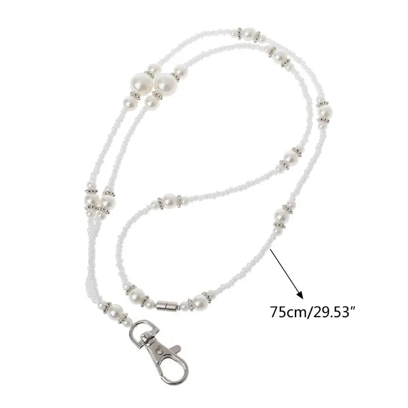 

White Pearls Bead ID Badge Holder Lanyard Necklace with Magnetic Breakaway Clasp