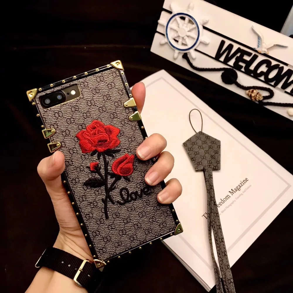500 шт. винтажный кожаный ремешок с объемной вышивкой розы + ТПУ чехол для iPhone X 8 7 Plus