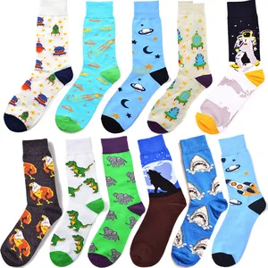 Носки мужские Прикольные ленивецкие, Смешные красочные зимние сумасшедшие носки с веселым рисунком, с изображением акулы, космоса, инопланетянина, динозавра, индейки с животными