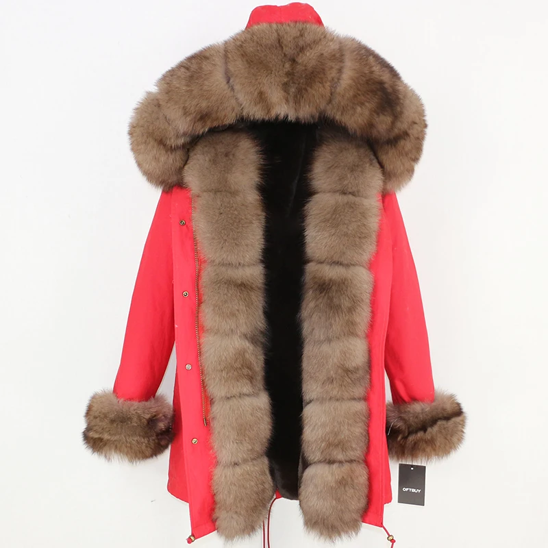 red brown OFTBUY, зимняя куртка, Женское пальто с натуральным мехом, брендовая Роскошная длинная парка, большой натуральный Лисий мех, уличная одежда, толстая теплая, 3 в 1 размера плюс - Цвет: red brown
