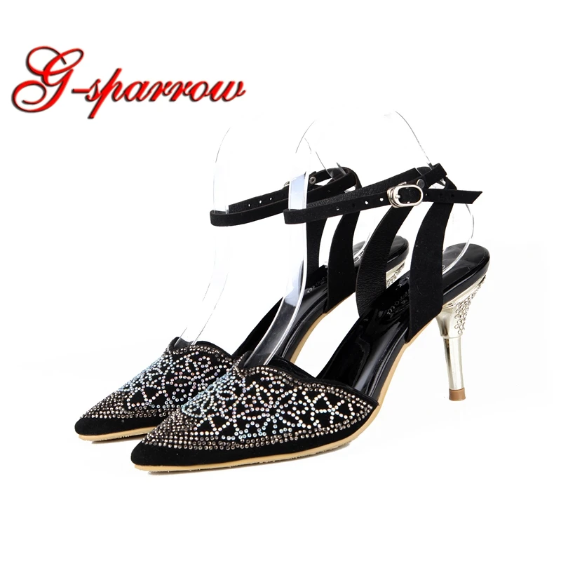 

Black Color Women Spring High Heel Shoes Pointed Toe Sexy Slingback Pumps Fashion Rhinestone Party Shoes Plus Size 44