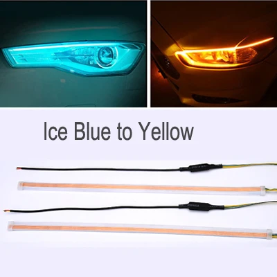 Ice Blue to yellow 2 шт. ультратонкие 45 см 60 см DRL гибкий светодиодный фонарь, стильные поворотные сигнальные лампы, дневные ходовые огни, слеза полосы, Автомобильные фары - Испускаемый цвет: Ice Blue to yellow