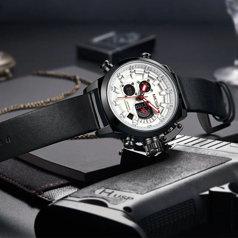 Часы MEGIR Мужские кварцевые с кожаным ремешком светодиодсветодиодный брендовые