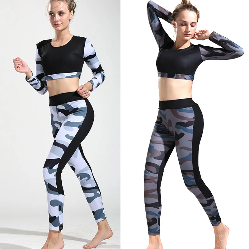 Женский тренировочный Камуфляжный спортивный Топ с длинным рукавом для йоги +