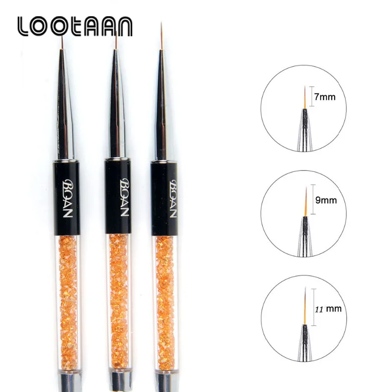 Lootaan 7/9/11 мм Nail Art Кисти для УФ-геля чертежный вкладыш малярные кисти с украшением в виде кристаллов акриловый маникюр инструменты УФ-гель