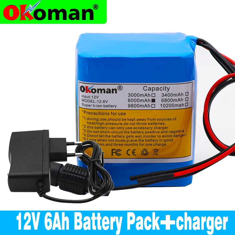 Okoman Высококачественный аккумулятор 12V 6000mAh 18650 литий ионный 6Ah DC12.6V портативный +