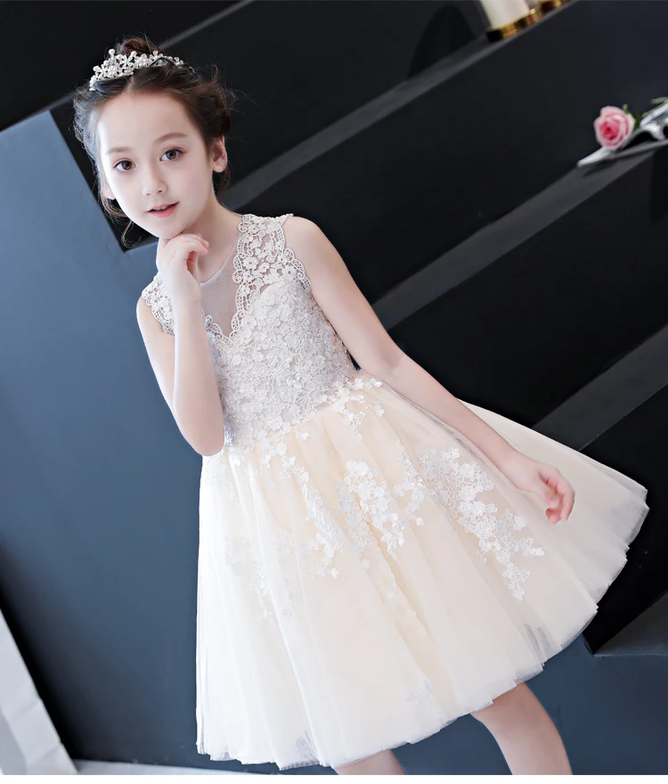 Champagne Lace Summer Girl Dress Flower for Wedding Birthday V-Neck Pageant Princess Gown First Communion | Детская одежда и обувь