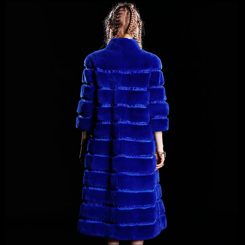 Женская зимняя длинная Меховая куртка с воротником стойкой LF4215|rex rabbit fur coat|outerwear