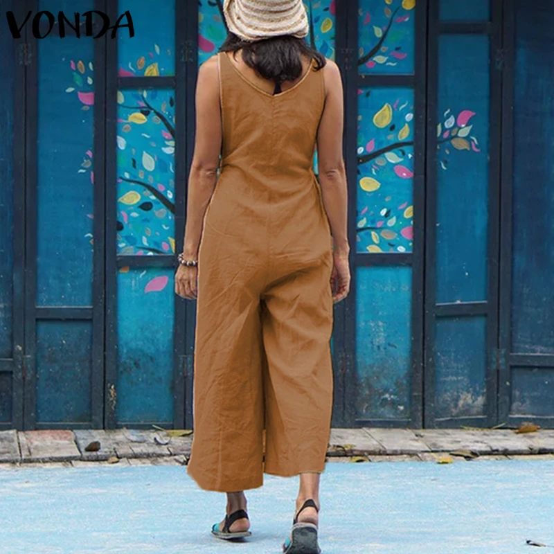 VONDA, женские широкие штаны,, Осенние Комбинезоны, женский комбинезон, сексуальный, v-образный вырез, без рукавов, хлопок, комбинезоны, повседневные Комбинезоны, брюки