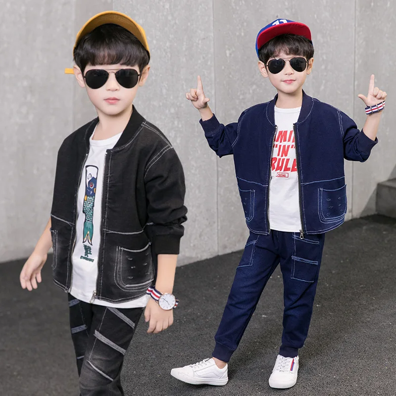 2pcs Black Boys Jacket & Jeans Clothing Set Boy Denim Outerwear Pants for 4 6 8 10 12 Year Old 2020 Kid Clothes 185008 | Мать и