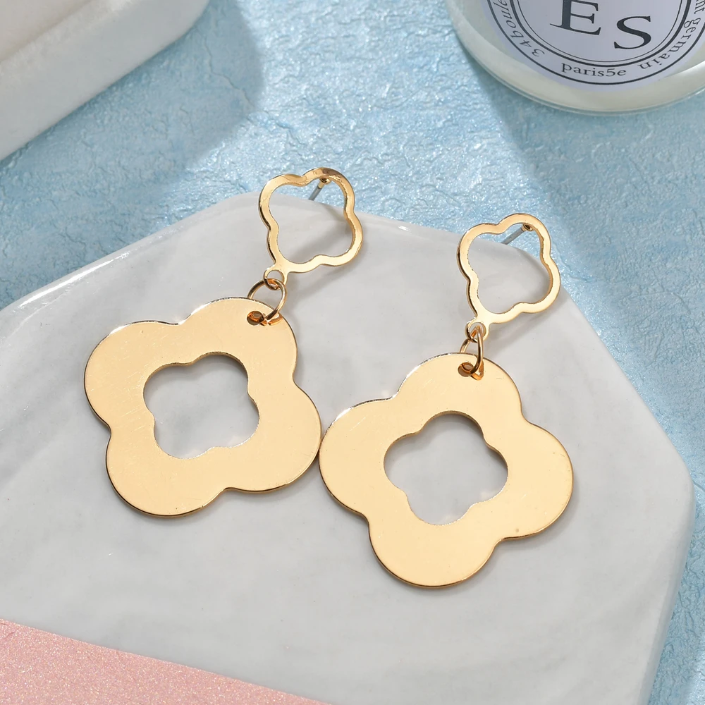 2019 Simple Alloy Earrings Gold Color Flower Design Geometry Double Hollow Drop For Girls Party Jewelry | Украшения и аксессуары
