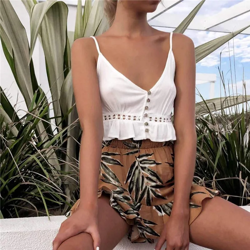 Белый Nadafair белые кружевные женские короткие топы с пуговицами Boho Летний фестивальный Топ Сексуальные вечерние женские топы с v-образным вырезом - Цвет: Белый