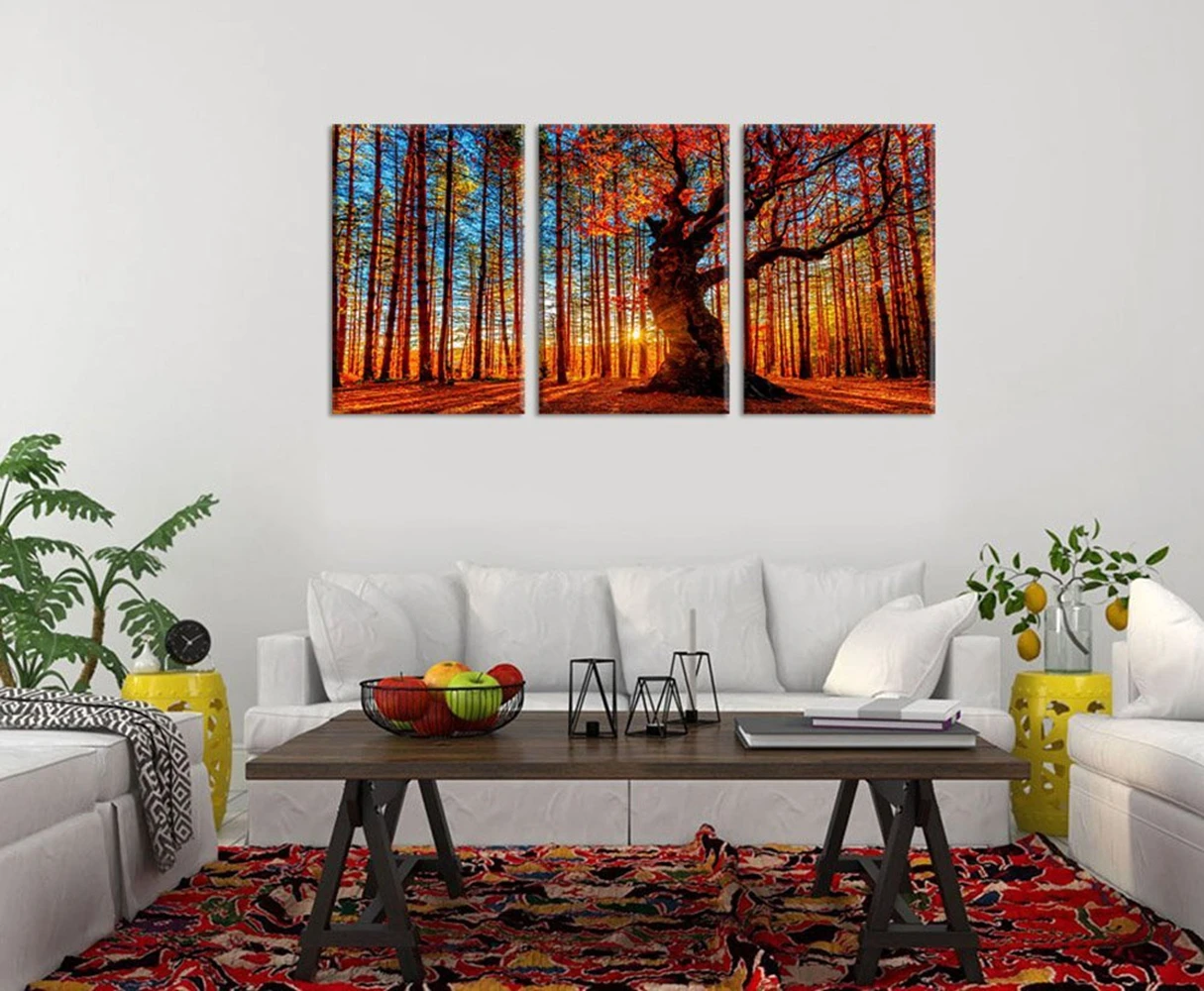 Пейзаж красный лес закат природа картина большой холст искусство печать большие