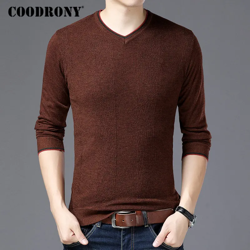 Coffee Бренд COODRONY, свитер для мужчин, уличная одежда, на каждый день, v-образный вырез, трикотаж, Pull Homme, хлопок, шерстяной пуловер для мужчин,, осенние мужские свитера, 91035 - Цвет: Coffee