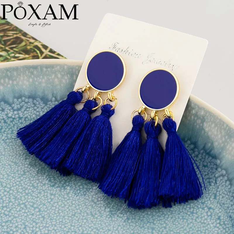 Blue Модные сережки с кисточками Boho для женщин, массивные винтажные этнические ручные серьги из хлопчатобумажной ткани с бахромой, женские свадебные украшения - Окраска металла: Blue