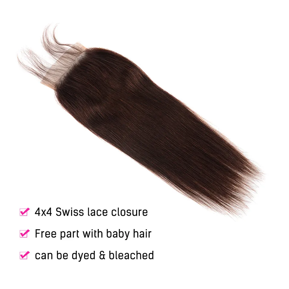 Brazilian Straight Hair Bundles With Closure #2 Dark Brown Human 3 Queen Mary Non Remy Extension | Шиньоны и парики