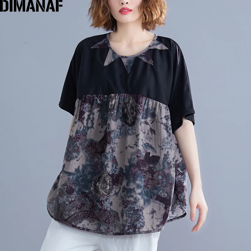 Женская винтажная блузка DIMANAF черная свободная туника с принтом повседневная
