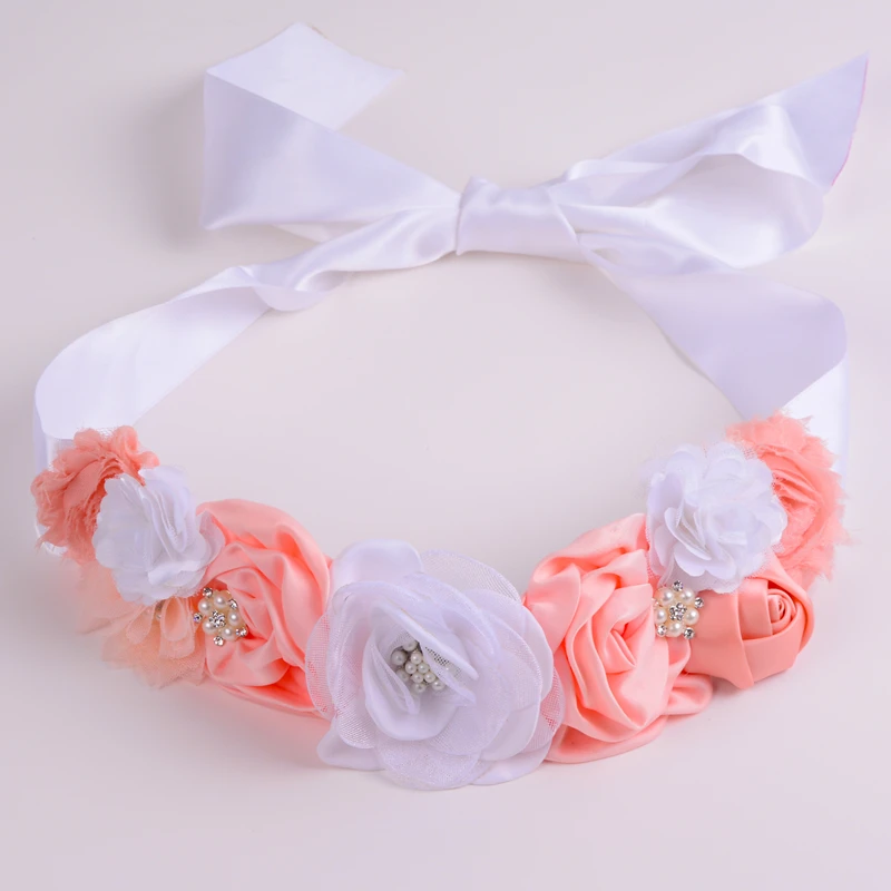 Pink and White Flower Belt Cute Wedding Flower Girl Belt Kids Dress Belts Girls Satin Rhinestone Maternity Bridal Flower Sash
