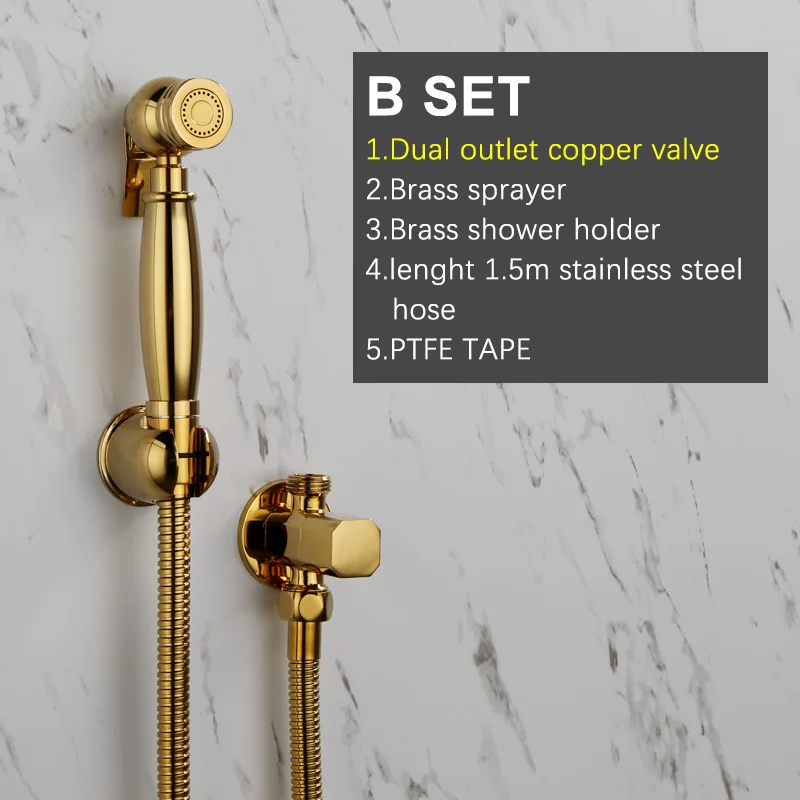 B SET Hand Held Bidet Sprayer Gold Brass Douche Toilet Kit Hand Held Toilet Shattaf Shower Head Copper Valve Set Faucet AP2107 - Цвет: B SET