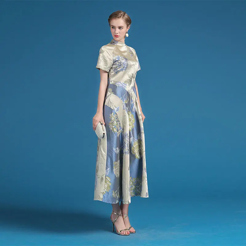 Винтажное шелковое жаккардовое платье VOA длинное с коротким рукавом и высоким