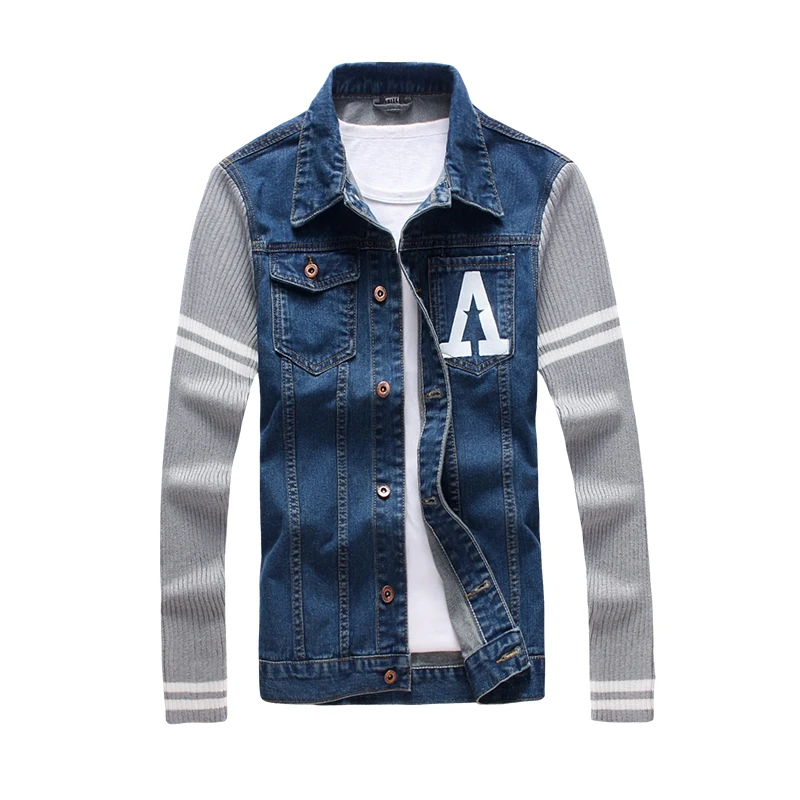 

Patchwork Denim Jackets Men 2018 New Fashion Casual Knitted Sleeves Outerwear 4XL Jeans Jacket Plus Size S- 5XL #936
