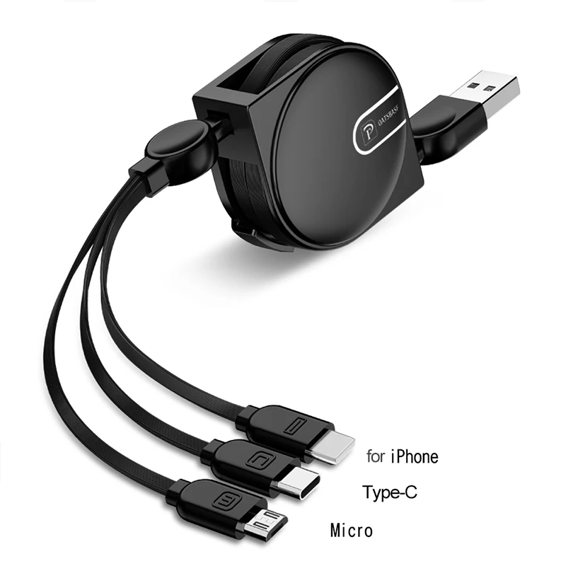 OATSBASF 1 м максимальная длина 3 в 1 Выдвижной USB кабель быстрой зарядки типа C для iPhone XS max X XR XS 7 Plus с кабелем Micro USB