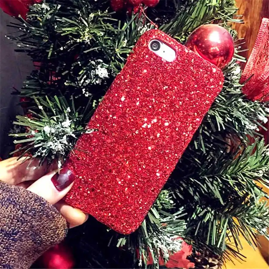 Red Glitter Блестящая Переливающаяся наручные цепь кисточкой меховым бубоном, Жесткий Чехол для телефона для samsung Galaxy S9 S10 плюс A10 A50 A70 J4 J6plus J8 A6plus A7 A8 - Цвет: Red Glitter