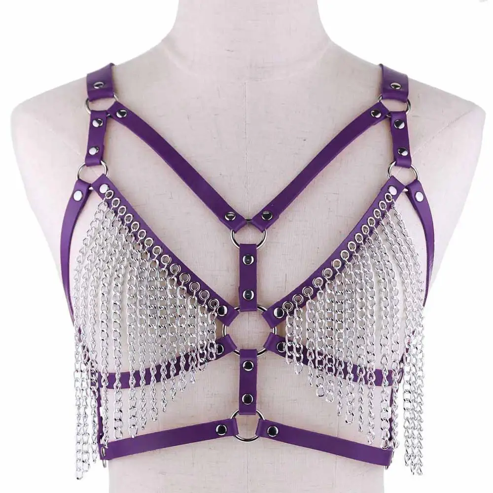purple Кожаная цепь, жгут, цепь для тела, готический бюстгальтер, панк, сексуальная цепь, топ, женские Украшения для тела, летний фестиваль, модный, Рейв, наряд - Окраска металла: purple