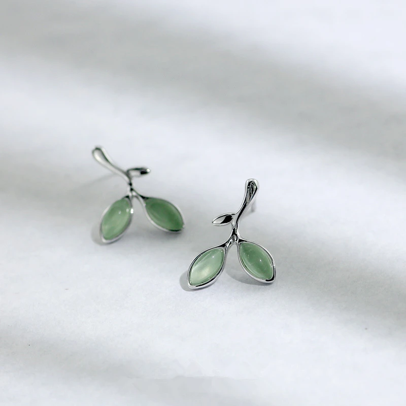 

925 Sterling Silver Green Opal Leaves Buds Stud Earrings For Women Prevent Allergy Fashion Jewelry Best Gifts For Girls