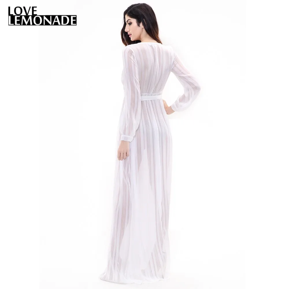 Белое длинное платье Love & Lemonade с треугольным вырезом и разрезом TB 8923|maxi dress|slit maxi