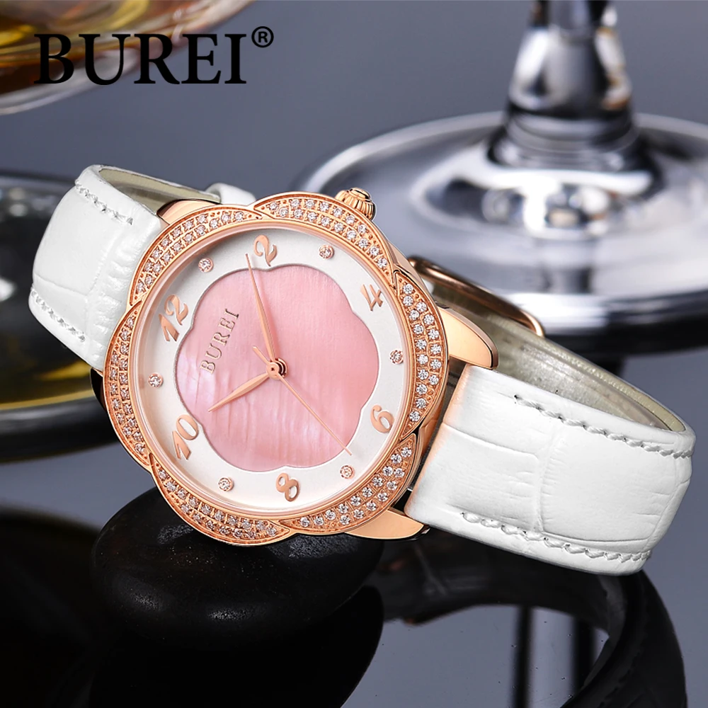 BUREI белые кожаный ремешок наручные часы из нержавеющей алмазов цветок Стальной