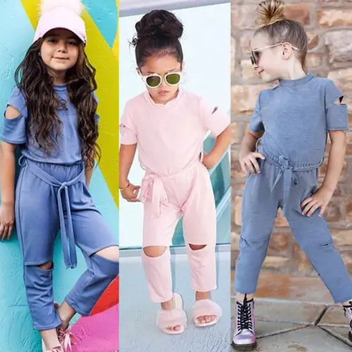2018 Summer Toddler Kids Baby Girl Short Sleeve Hole Romper Jumpsuits Playsuit Outfits Ripped Pants Fashion Clothes 1T-6T | Детская