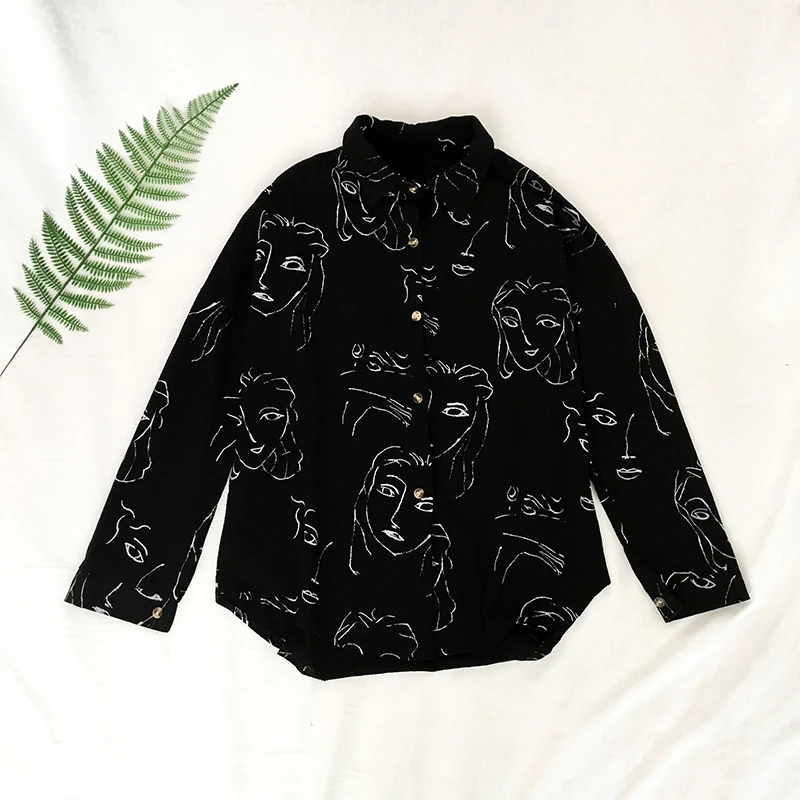 Корейская мода милая блузка с принтом лица Женская винтажная мультяшная графика