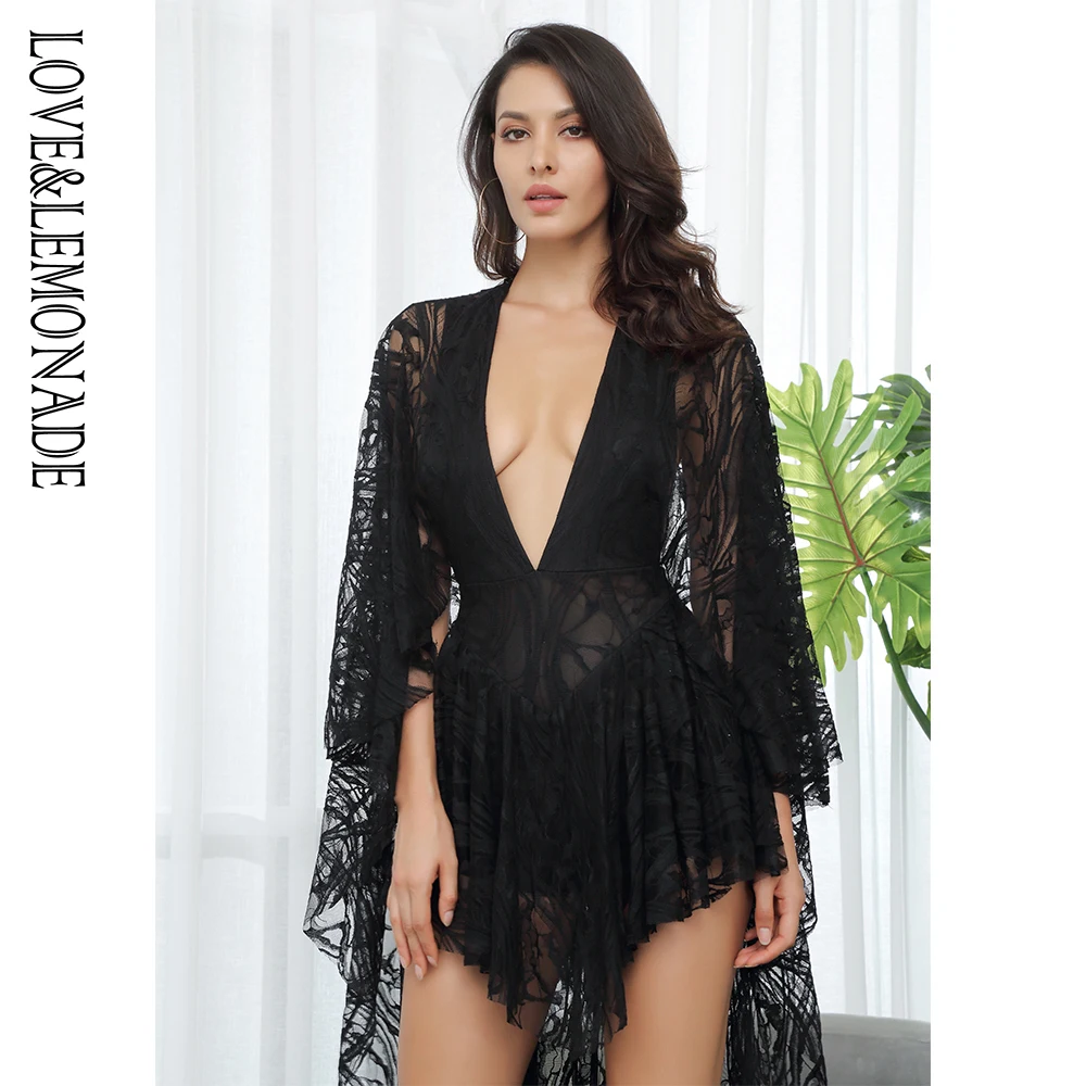 LOVE&ampLEMONADE V-Neck Ruffles Open Back Lace Playsuit LM81381-1 | Женская одежда