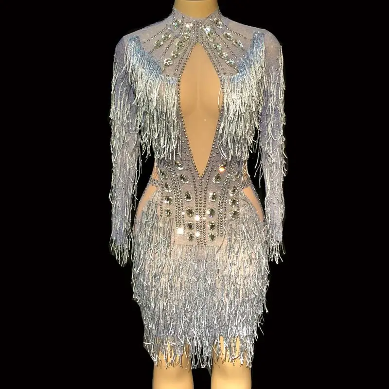 Блестящие Серебряные стразы платье для женщин на день рождения Праздничный костюм певица Bling кисточкой платья для выступления танец наряд DJ - Цвет: Photo Color