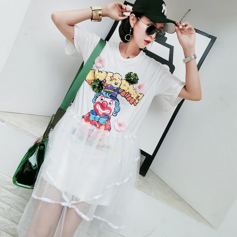 

Yabilu 2018 tide brand summer three-dimensional flower sequins cartoon pattern irregular plait gauze dress woman